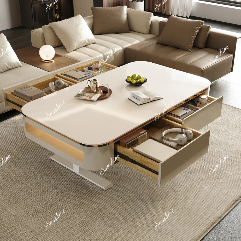 

Light luxury creative glossy rock slab rectangular high-end automatic lifting coffee table FT