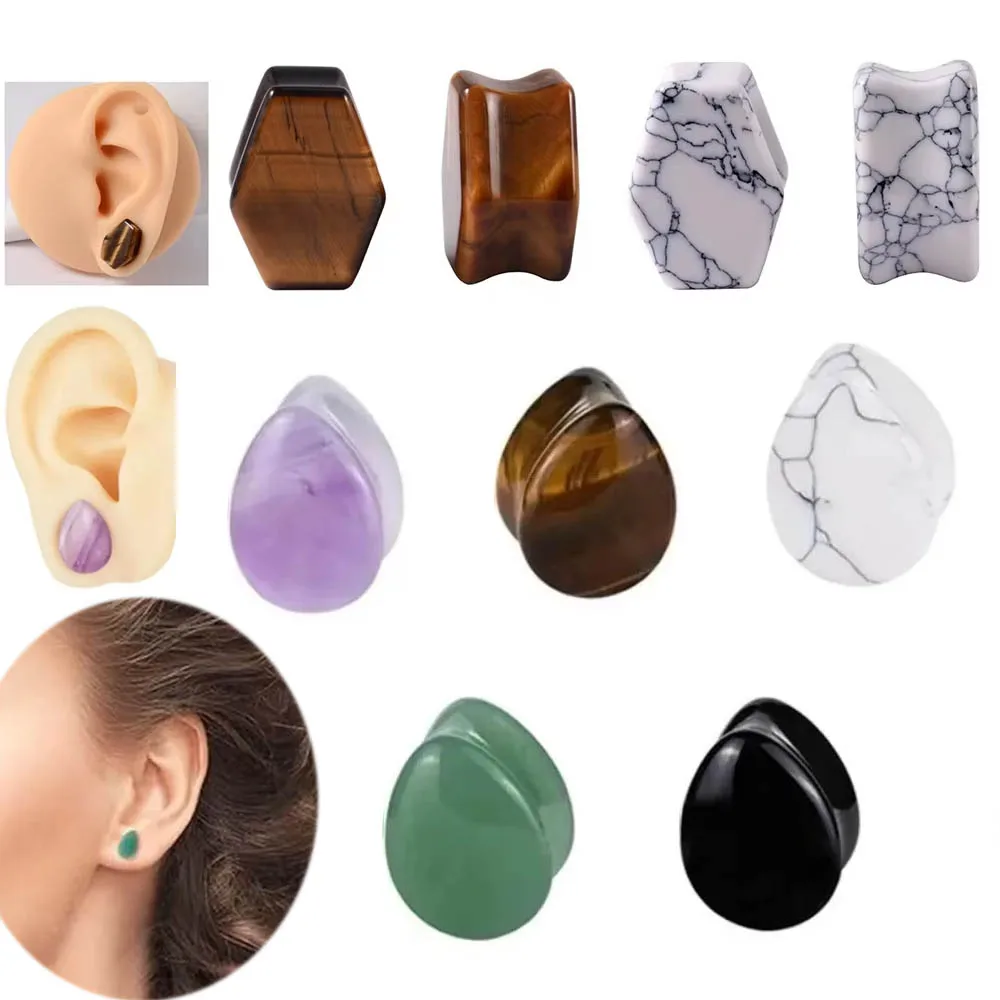 1 Paar Wassertropfen, tropfenförmiger sechseckiger Amethyst-Stein, Flesh-Tunnel, Ohr-Expander, Keilrahmen, Ohrtunnel, Körperpiercing-Schmuck – Detail 9