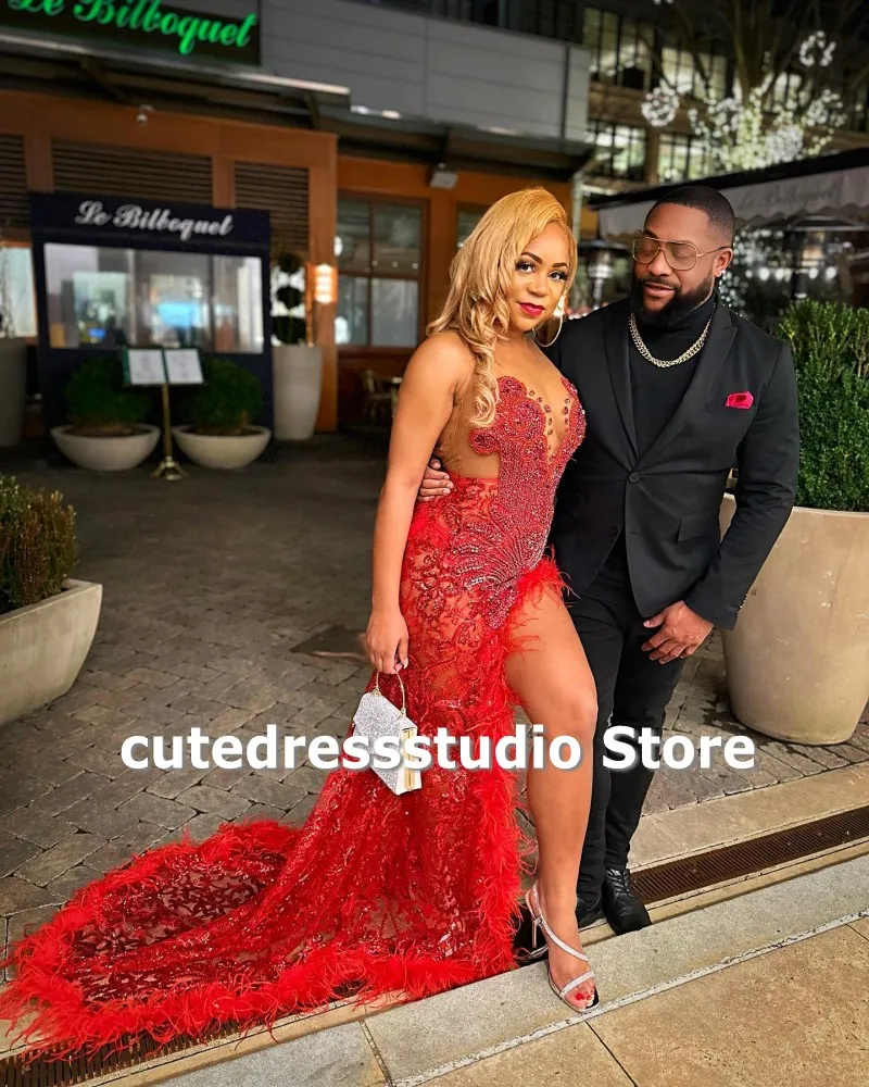 Sexy Red Feathers Mermaid Prom Dresses 2024 Sheer Neck Sequin African Women Split Party Gowns Graduation Dress Customized