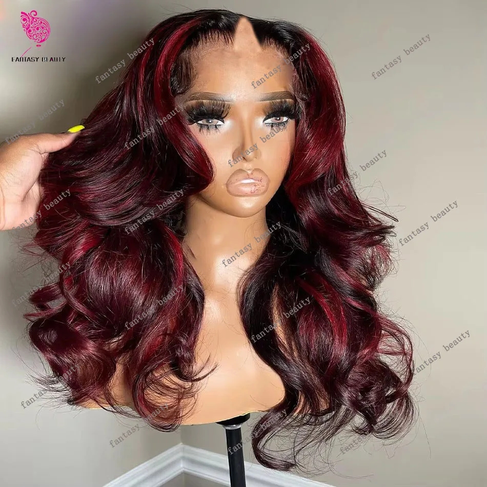 

Highlight 99J Burgundy Red Wine Body Wave V Part Wig 100% Indian Remy Human Hair Balayage Black Loose Wavy Full U Shape Half Wig