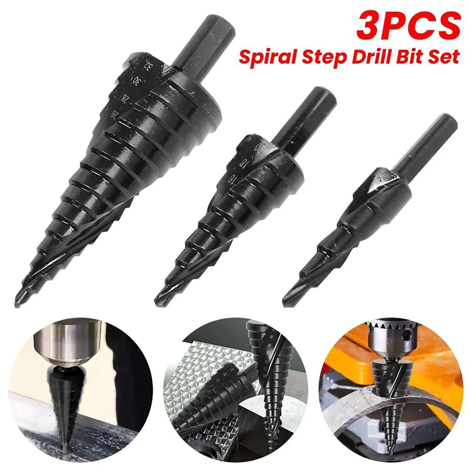 3Pcs HSS Steel Large Step Cone Titanium Coated Metal Drill Bit Cut Tool Set Hole Cutter 4-12mm 4-20mm 4-32mm Size 6/8/10mm Shank