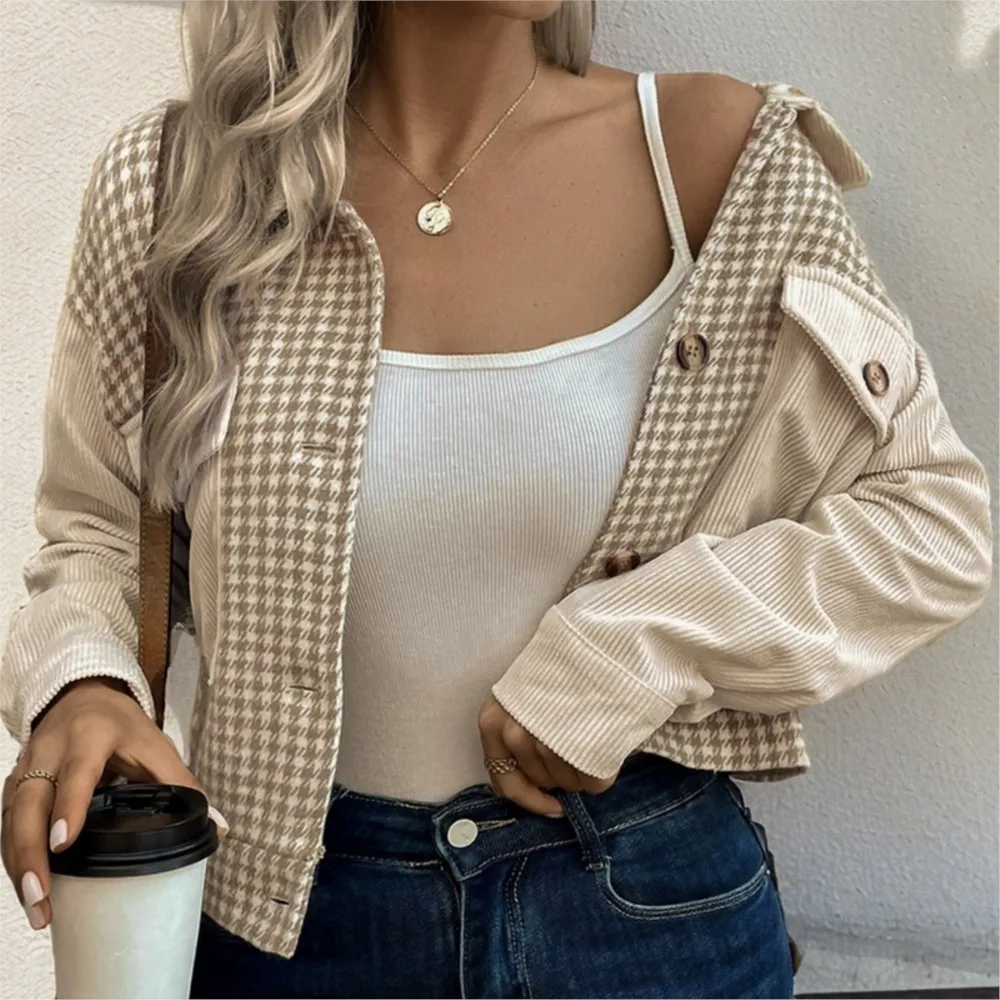 Women's Jacket Casual Retro Lapel Corduroy Patchwork Houndstooth Fall Clothes Comfortable Outerwears Contrast Commuting Trendy