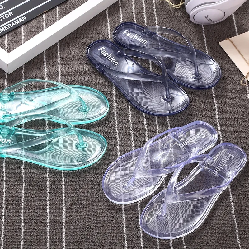 Summer Beach Flat Clear Flip Flops Girls Transparent Slippers Female Jelly Shoes Plain Color Women's Flip-Flops Ladies Slides