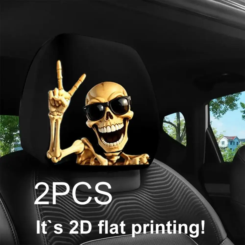 2Pcs Golden Skeleton Sunglasses Peace Sign Car Headrest Covers, 2D Printed, Soft High Elastic, Fits Most Car Models