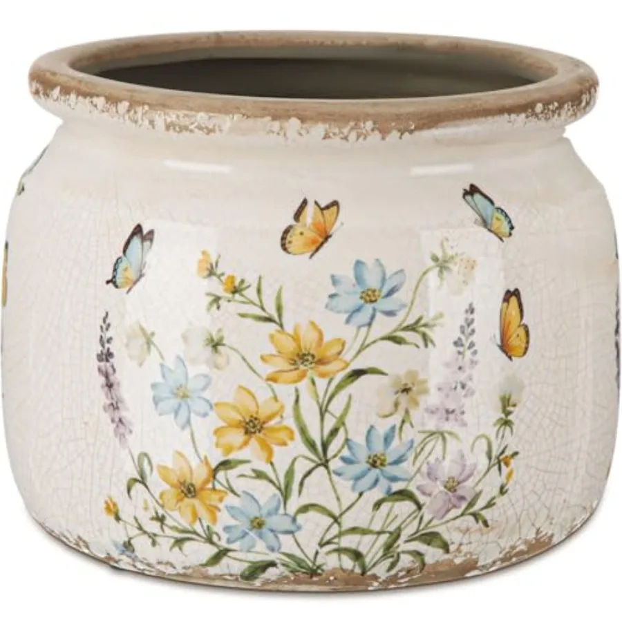 

7.7″ Vintage Ceramic Plant Pot with Butterfly Pattern Warm Yellow Rustic Planter with Ice Crackle Glaze and Drainage Hole for I
