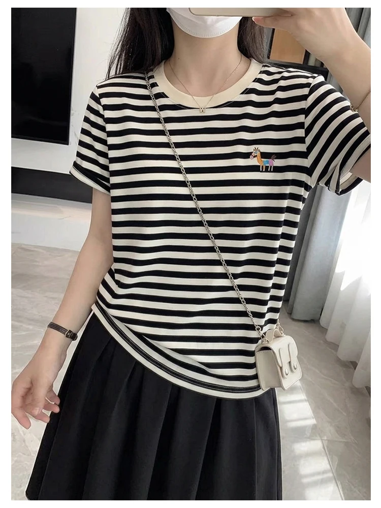 Retro Hong Kong Style Striped T-Shirt Women's Embroidered Micro Loose Casual Cotton Short Sleeve round Neck Top