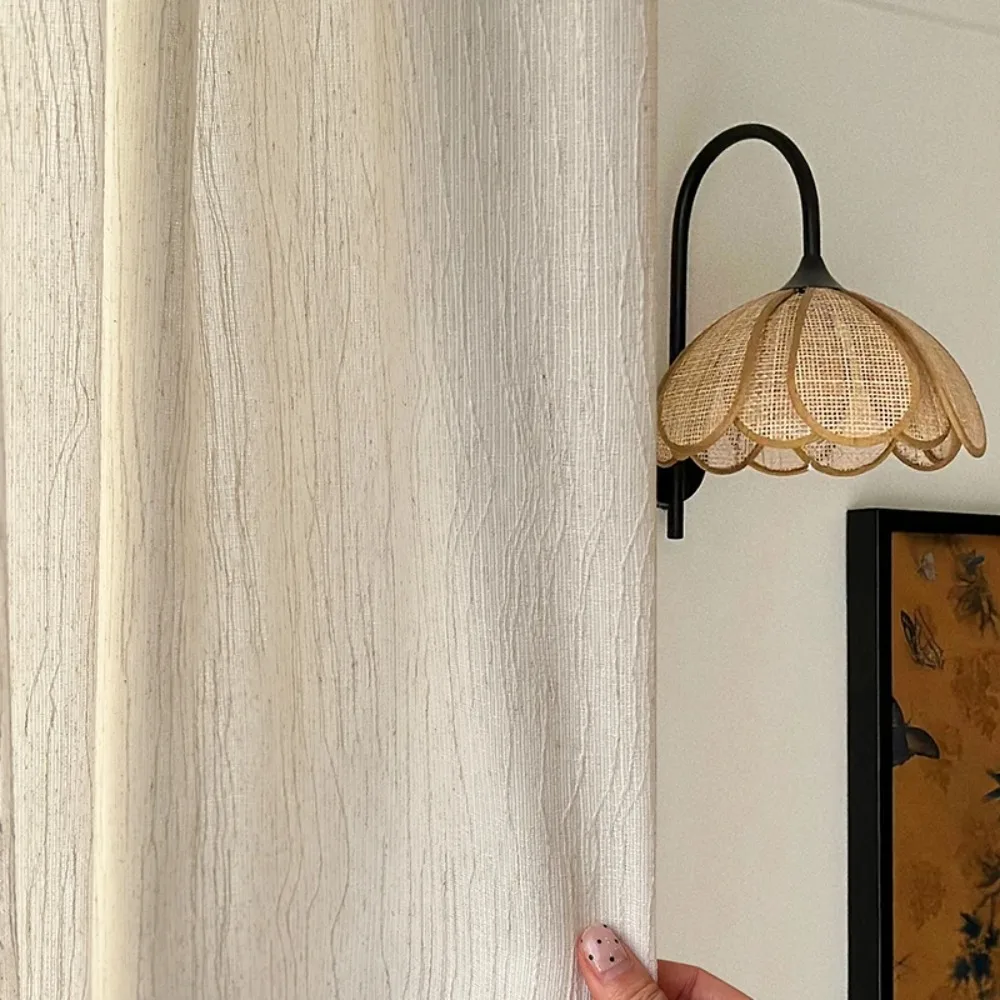1pc, Original Wood Color Impermeable Striped Bedroom Tulle Curtains, Retro Linen Living Room Opaque Sheer Drapes