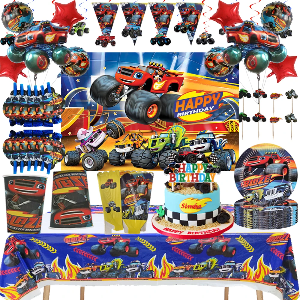 Blaze Monster Birthday Party Decoration Machines Race Car Tableware Tablecloth Plate Cups Gift Bag Napkin Party Favors Supplies