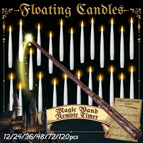 12-120 Halloween Floating Candles Magic Wand Remote LED Hanging Flameless Candles for Birthday Theme Party Halloween Decor