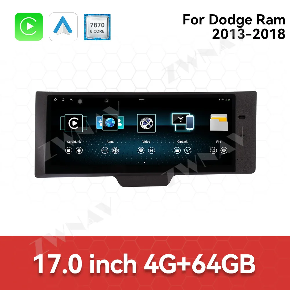17 ''أندرويد 13 لدودج رام 2013-2018 ، كوالكوم ، شاشة ترفيهية مساعد الطيار مشغل وسائط متعددة لاسلكي Carplay CarRadio
