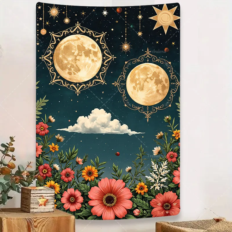 

1 шт. настенный гобелен в стиле бохо с цветочным принтом и луной - декор небесного ночного неба для настенного подвешивания
