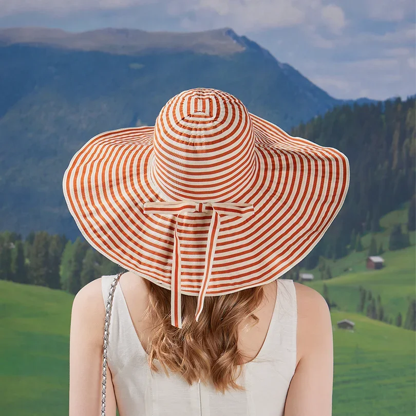 Spring summer large visor Striped bow sun block hat women's outdoor outing large brim visor foldable temperament fisherman hat