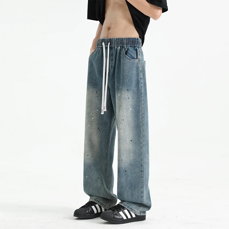 

Casual Men's Retro Blue Denim Cotton Pants 2025 Spring Summer Youth High Street Wear Elastic Waist Jeans Trouser Plus Size M-5XL