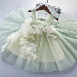 3-10 Years High Quality Summer New Green Floral Draped Ruched Kid Children Clothing Girl Party Birthday Princess Dress