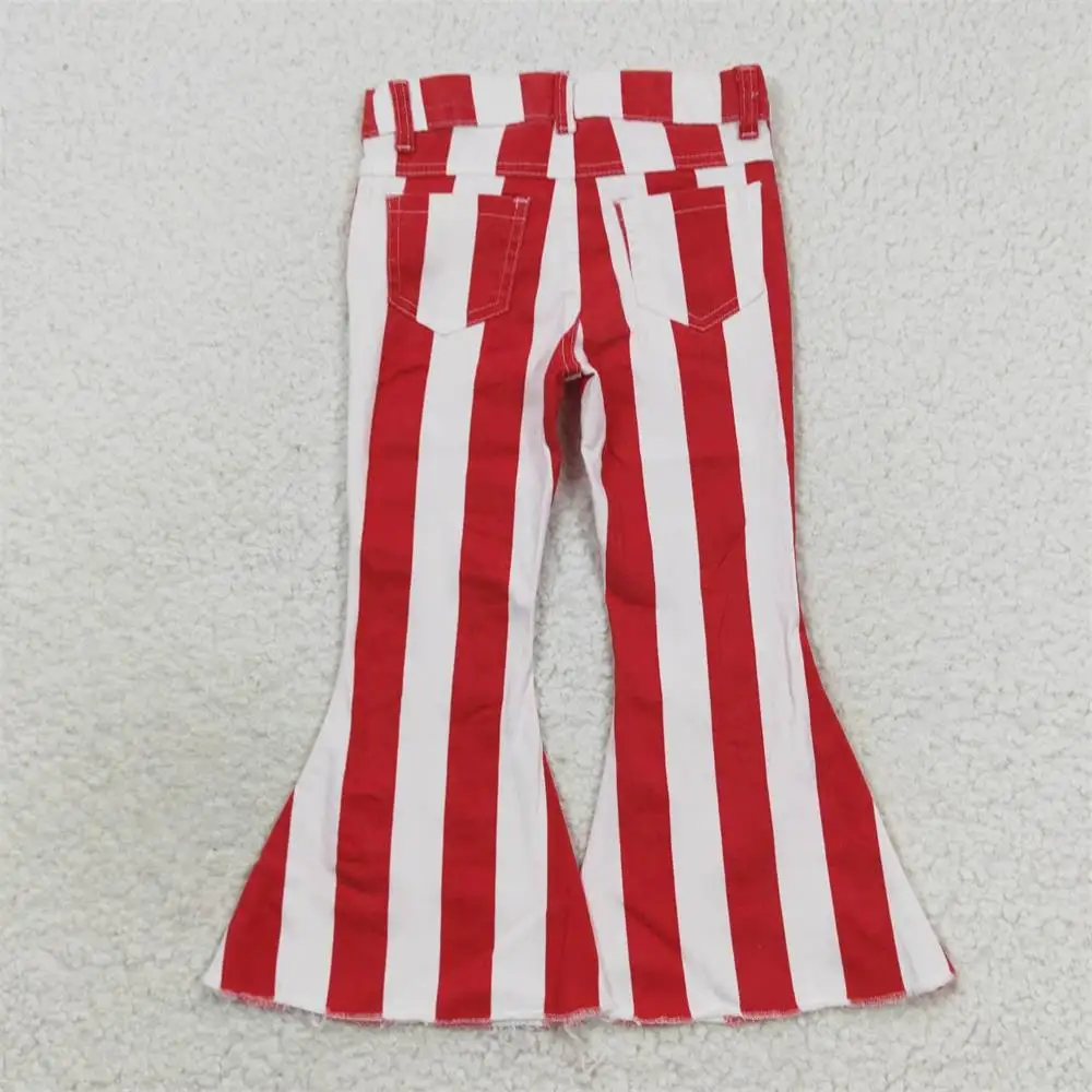 Wholesale Toddler Zipper Bell Bottom Pants Baby Girl Trousers Clothing Kids Infant Pocket Children Red White Stripes Denim Jeans