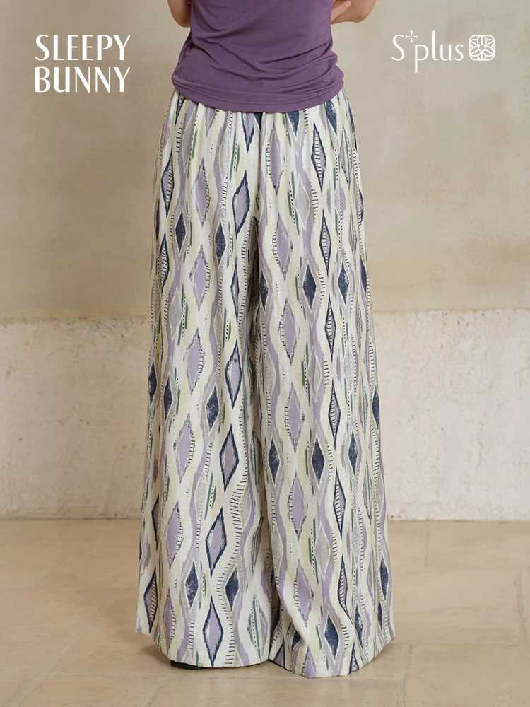 Vintage Loose Wide Leg Pants Women Summer Relaxed Trousers High Waist Resort Geometric Print Casual Flowing Long Palazzo Bottoms
