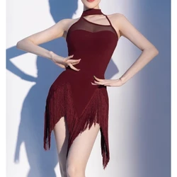 Summer Latin Dance Outfit Women's Adult Dance Practice Tassel Skirt Neck Hanging Top Sleve Latin Dance Performance