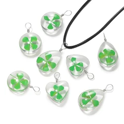 5pcs Handmade Natural Dried Flowers Lucky Four Leaf Clover Resin Round Glass Locket Pendant DIY Necklace Craft Jewelry Making
