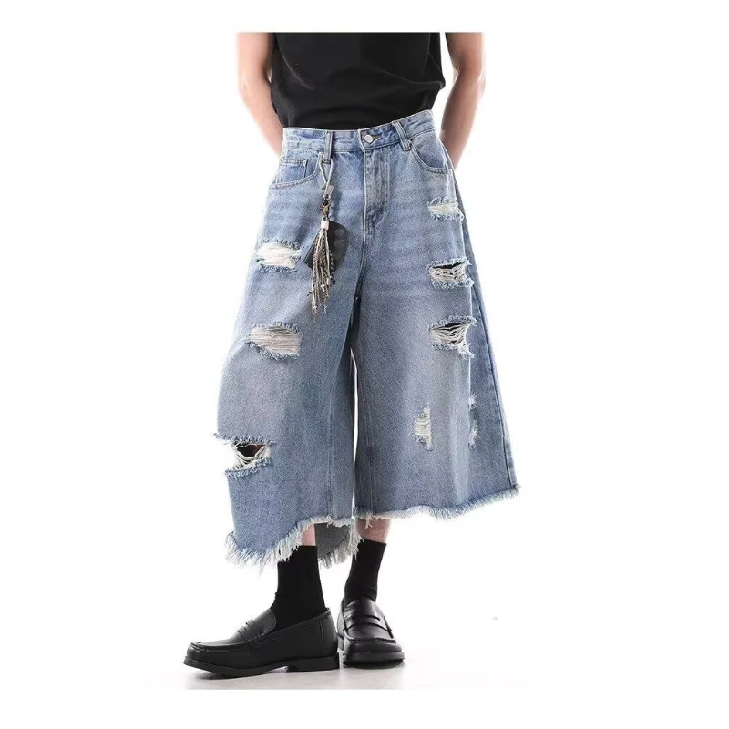 Women's Multiple Holes Burr Wide Leg Calf-length Trousers Girl Shorts Jeans Summer Pants Female High Waist Capris Sweatpants