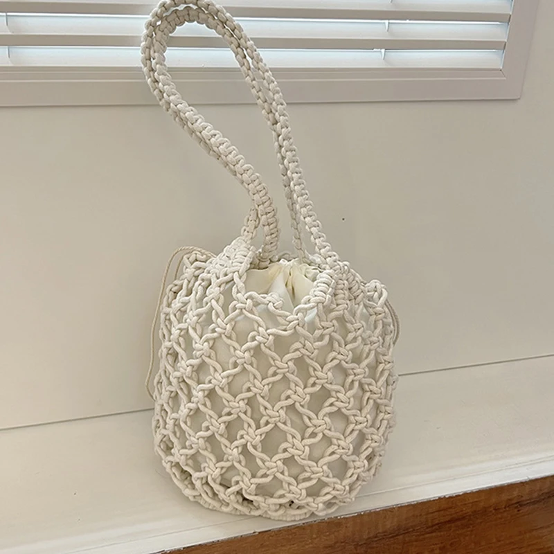 Sommer Strand Tasche Für Frauen Mesh Seil Gestrickte Eimer Schulter Taschen Reticulate Hohl Reise Shopper Totes Damen Mode Handtasche – Detail 17