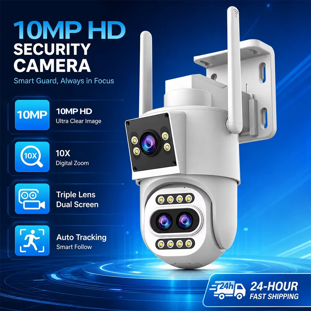 Jooan 10MP HD IP Camera WiFi Outdoor Camera 10X Zoom Three Lens Dual Screen Home Security PTZ Video Surveillance Cameras