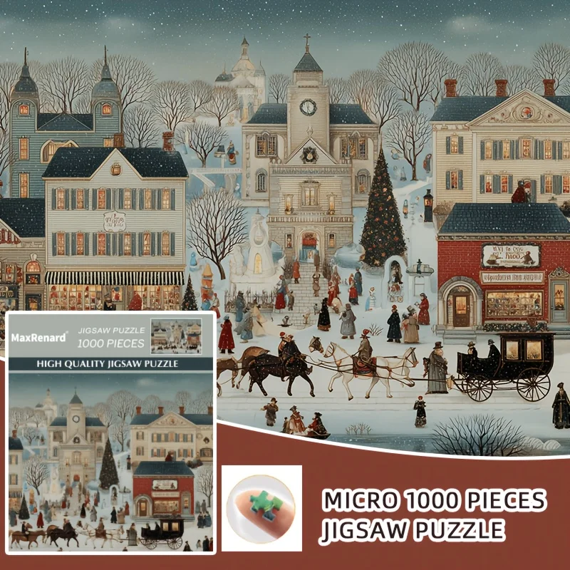 

1000pcs Christmas Snowy Street Puzzle with Vintage Carriage - Large 15x10in (38x26cm) jigsaw,Christmas Gift, Stocking Stuffer