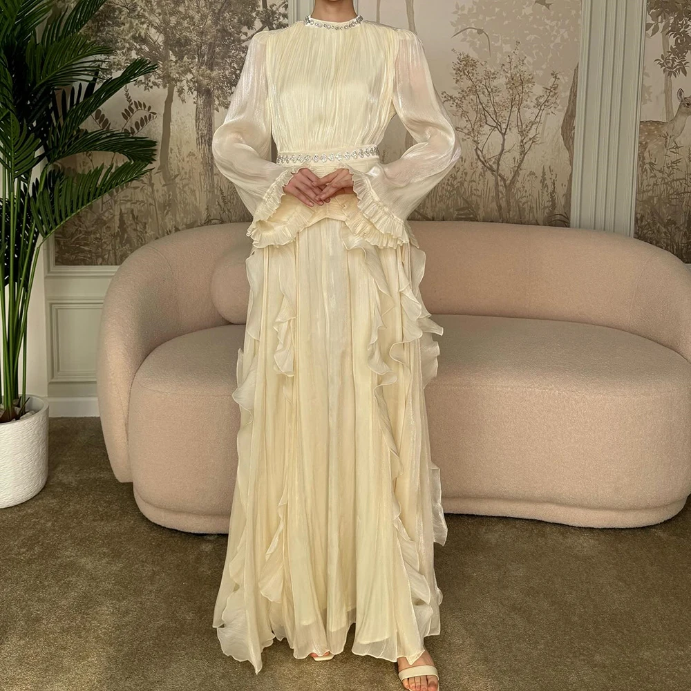 

Вечерние платья трапециевидной формы по индивидуальному заказу, длиной до пола, с высоким воротом и длинными рукавами, платье для выпускного вечера, модное простое драпированное вечернее платье с кристаллами и рюшами