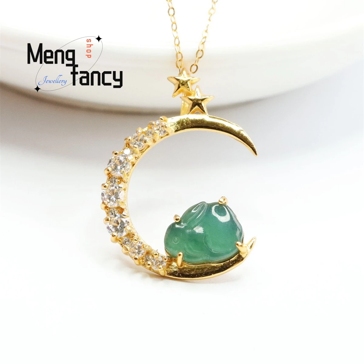 

Natural S925 Silver Inlaid Jadeite Ice Blue Water Moon Rabbit Gold Necklace Pendant Personality Fashion Exquisite Women Jewelry