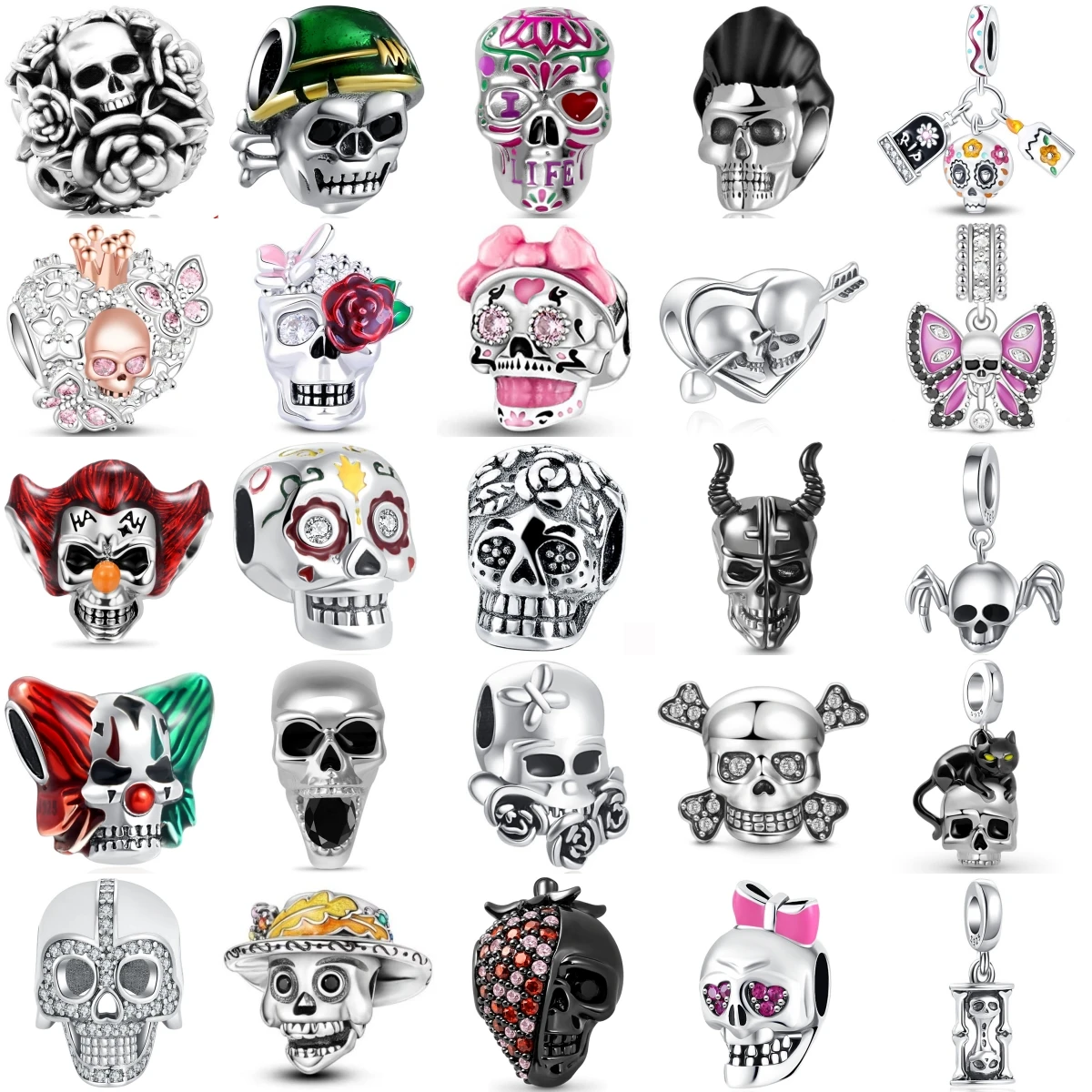 925 Sterling Silver Gothic Skull Beads Sugar Clown Devil Rose Crossbone Cat Butterfly Halloween Pendant Jewelry Gift
