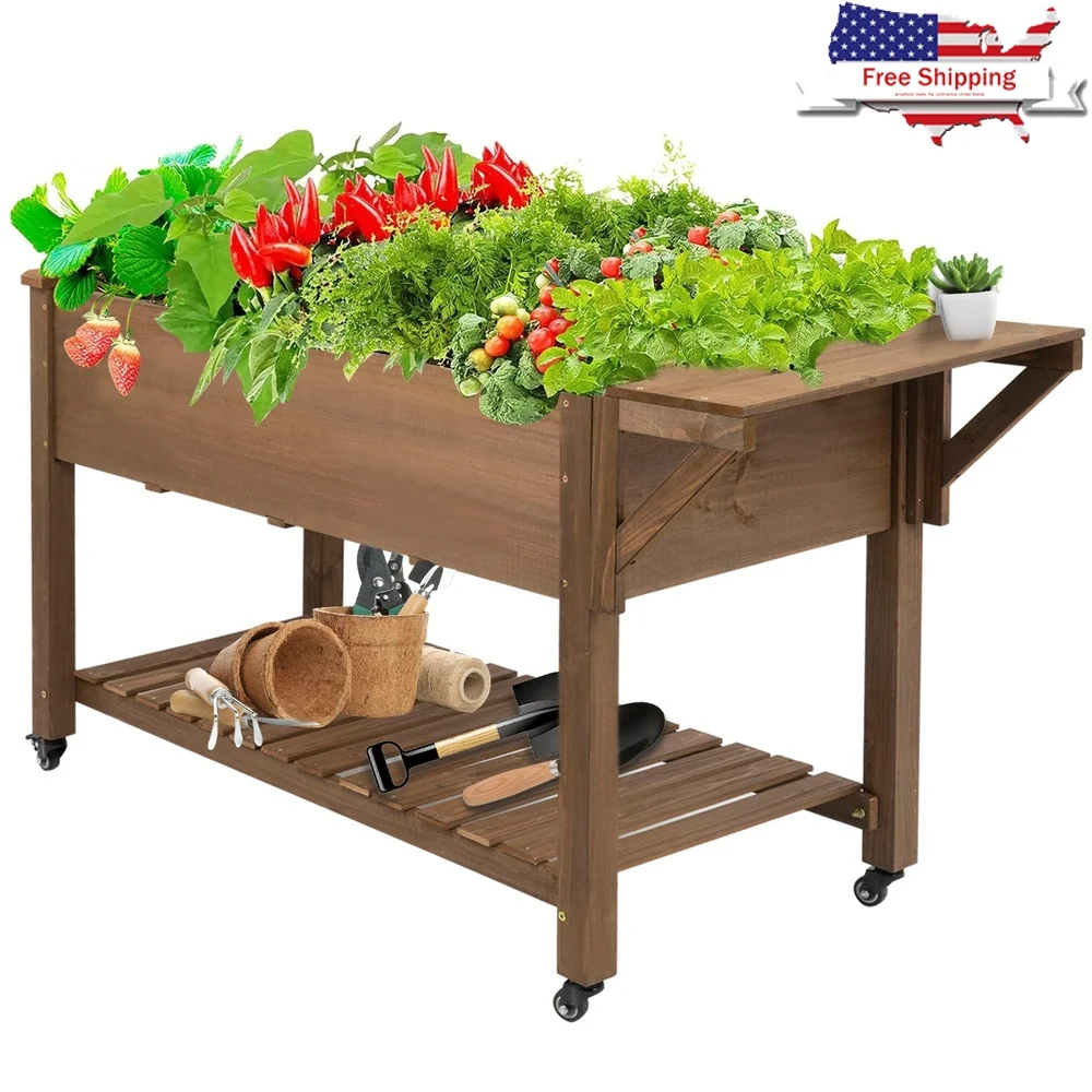 Maceta de madera con ruedas para cama de jardín elevada móvil, estante de almacenamiento de diseño ergonómico, agujeros de drenaje, fácil montaje, abeto duradero