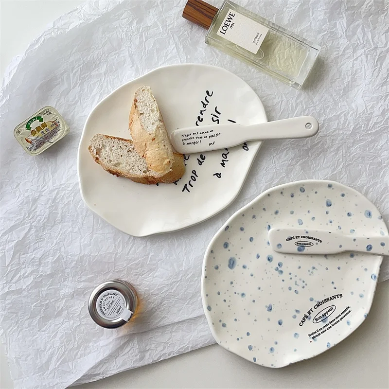 Korean Style Ceramic Irregular Cake Dessert Plate Popular Splashed Ink Breakfast Butter Jam Knife Spatula Dining Utensils