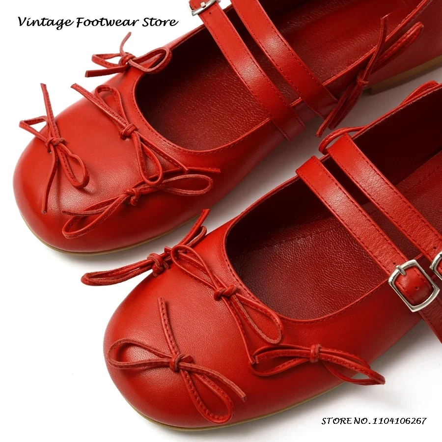 Bownot 장식 가죽 발레 신발 버클 스트랩 플랫이있는 사랑스러운 라운드 발가락 플랫 올 시즌 편안한 여성 캐주얼 신발