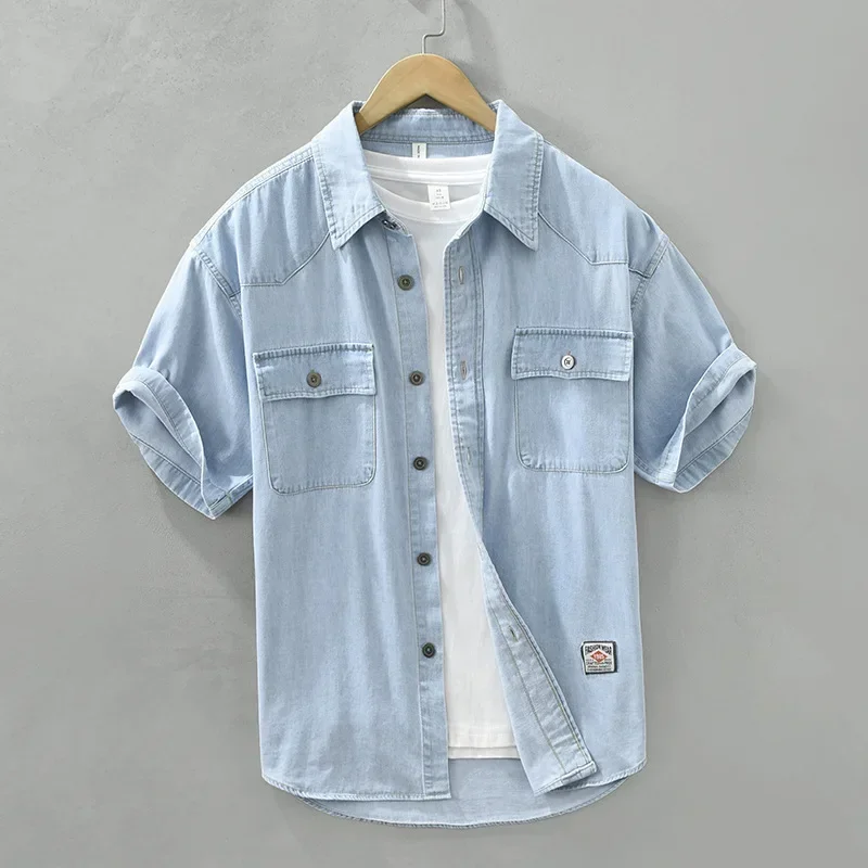 

Korean Style Summer Short Sleeve Denim Shirt Men Streetwear Blue Jeans Shirt Man Double Pockets Shirt Youth Fashion Cowboy Shirt