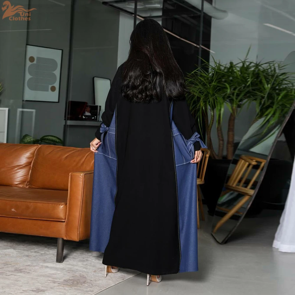 Uni Ramadan Denim Patchwork Abaya Fashion Bow Manica in bundle Caftano Abbigliamento casual elegante