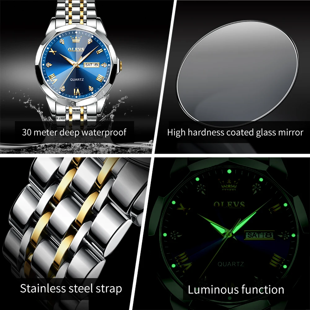 OLEVS Men‘s Watches Gold Original Quartz Wristwatch Waterproof Luminous Watch for Male Rhombus Mirror Date Week Luxury Dress