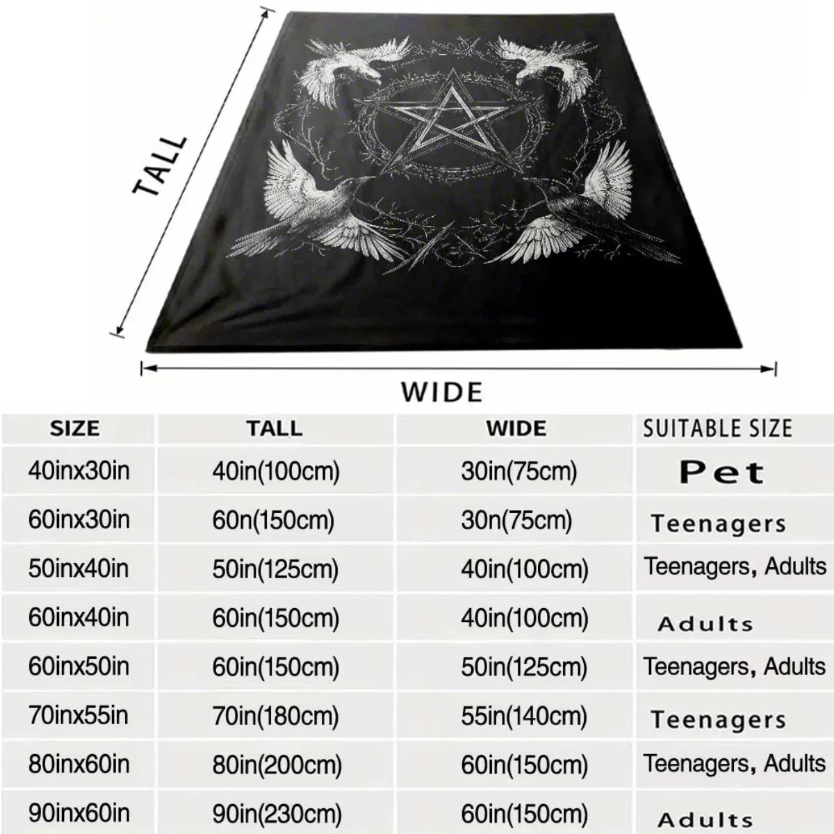 Large Gothic Witchy Occult Pentagram Raven Throw Blanket for Mystical Decor Couch 150x200cm
