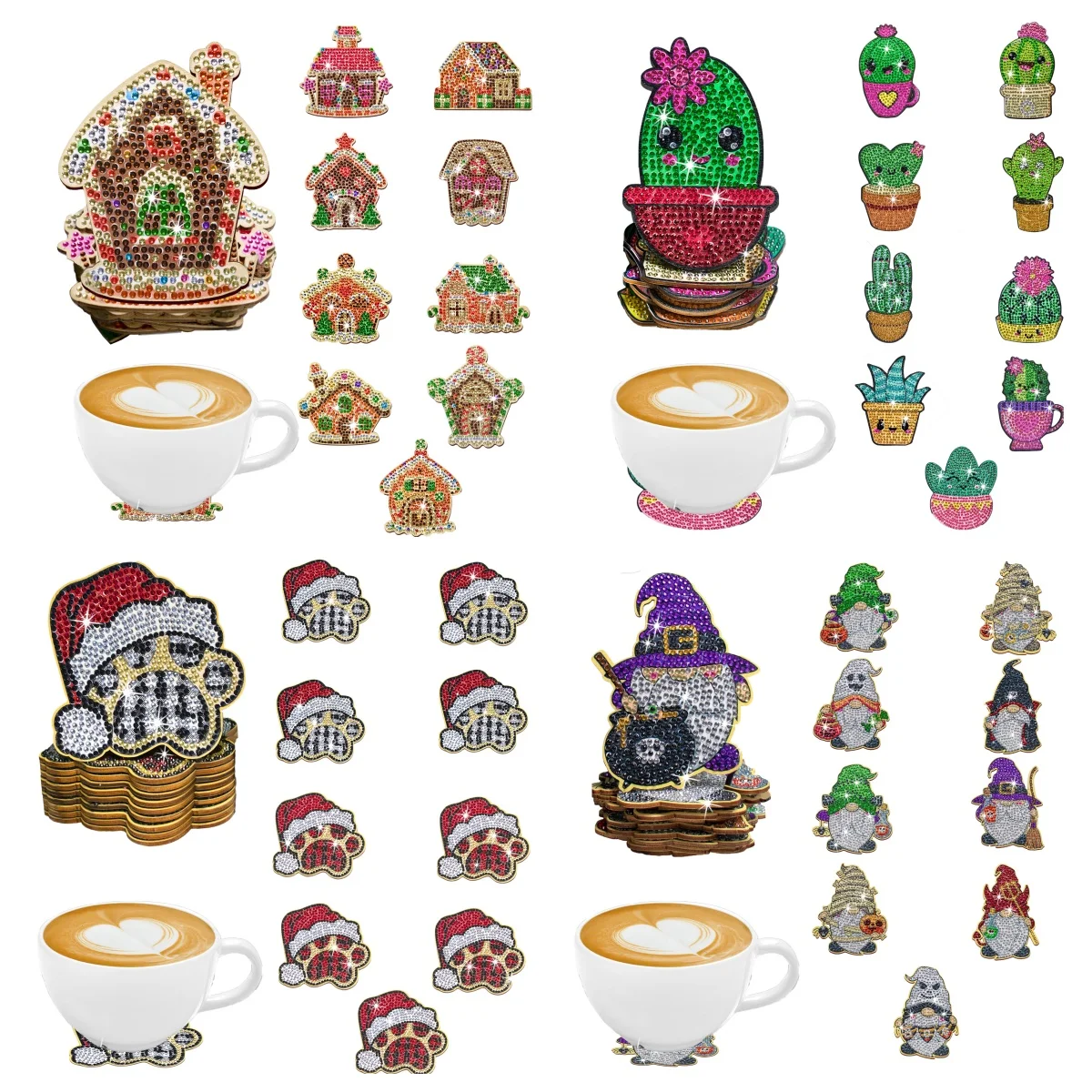 10 DIY diamond painting sets: House/Cactus/dog paw/dwarf/pattern, non-shelf anti-slip wooden coasters, living room, kitchen