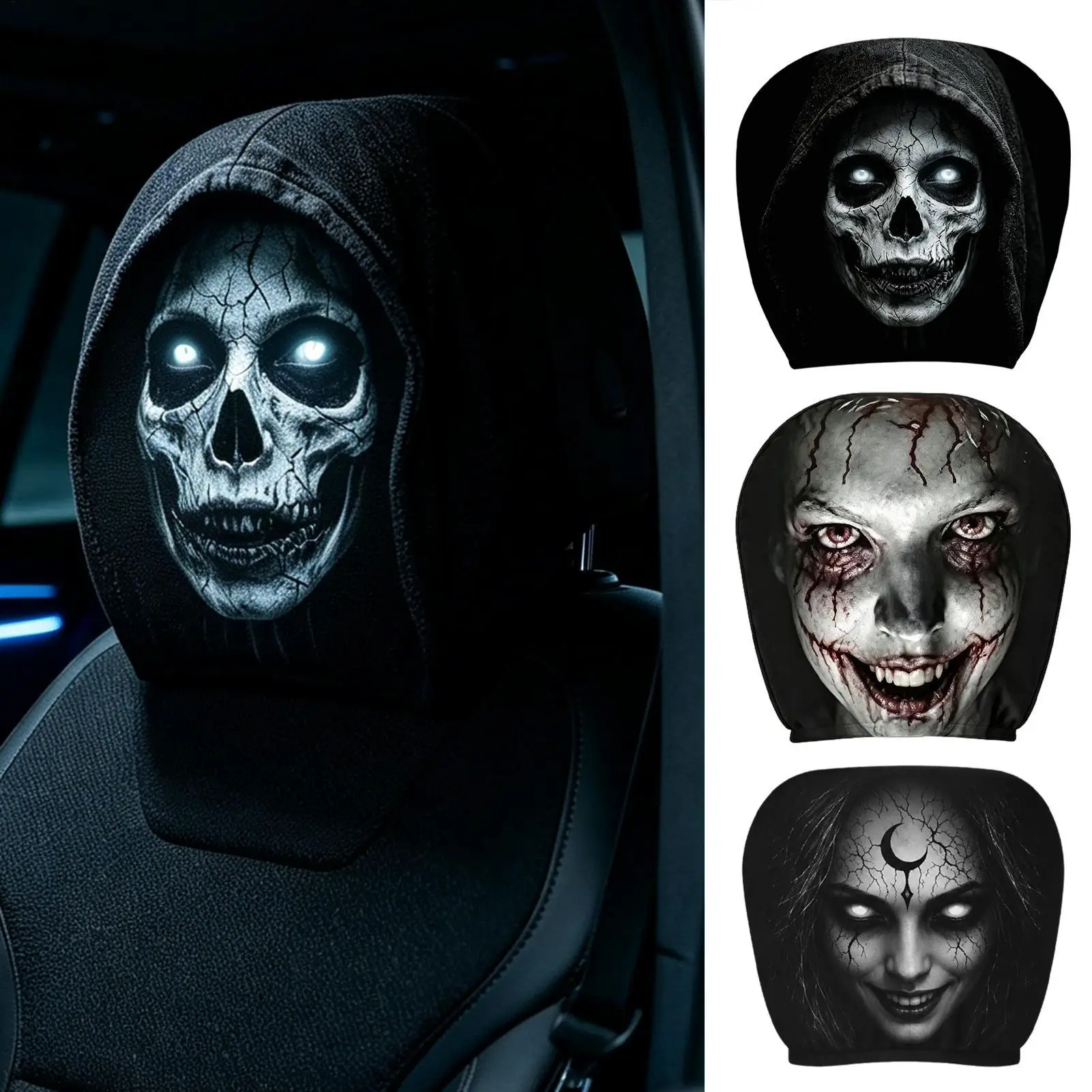 Ghost Face Headrest Covers 2 Pieces Halloween Interior Protector For Cars Vehicle Seat Headrest Protective Decoration Equipment