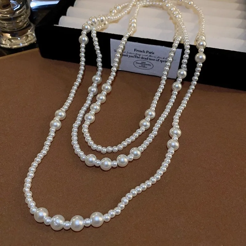 

Gentle style multi-layered layered pearl necklace sweater chain women's autumn and winter retro fashion charms wedding jewelry