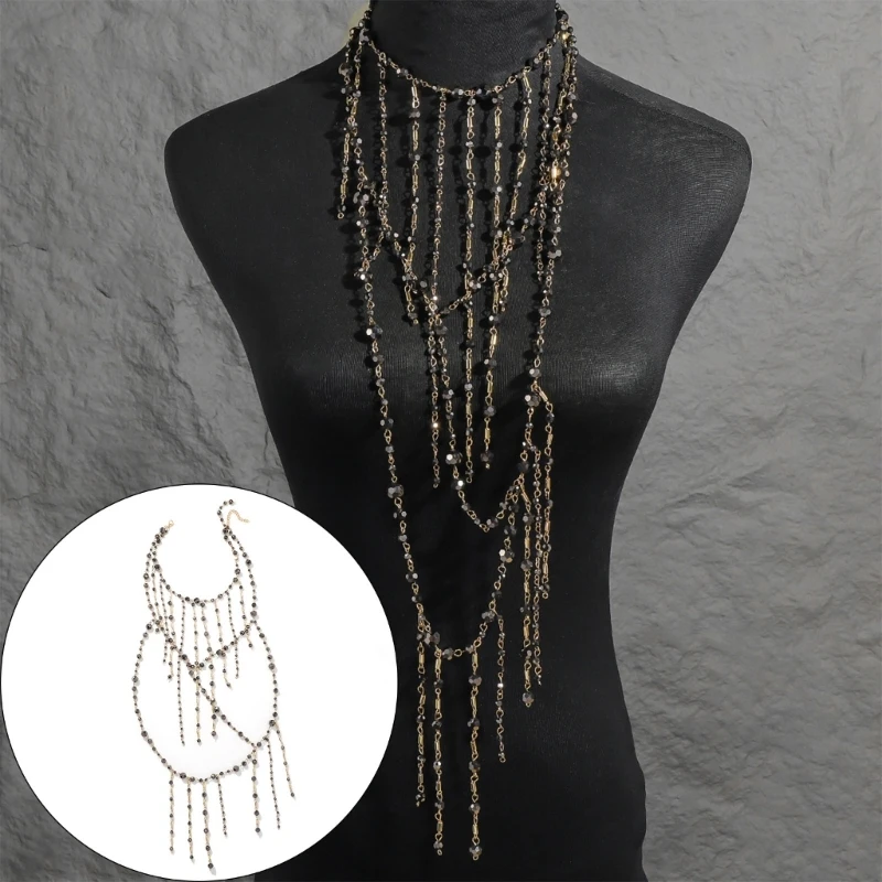 C71E Bohemian Styles Waterfall Necklace Portable for Women with Multilayer Beaded Tassels Fashion Jewelry Accessories