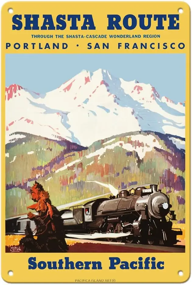 Pacifica Island Art Shasta Route - Portland to San Francisco - Cascade Wonderland Region - Vintage Railroad Travel Poster b sign