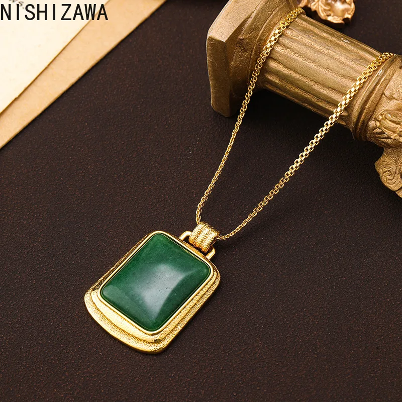 

NISHIZAWA Natural Stones Necklaces for Women Chinese Style Vintage Square Collares Para Mujer Luxury Elegant Jewelry