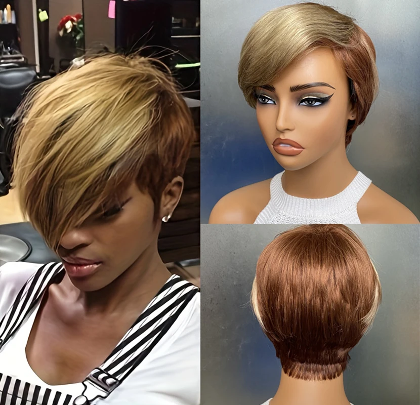 Mixed Brown with Bangs Synthetic Short Pixie cut Wigs for Black Women Short Hairstyle Synthetic Hair