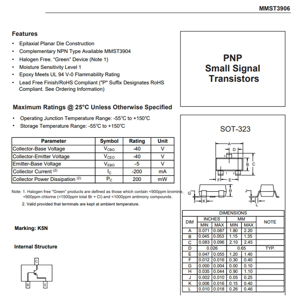 (100 pcs) MMST3906-TP SOT-323 MMST3906 - PNP Transistor -40V -200mA 300MHz 200mW[reference:0]