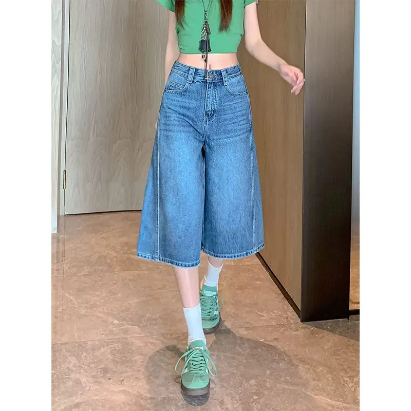 Women's Jeans High Rise Cropped Pants Blue Summer Loose Casual Relaxed Blade Style Wide Leg For Petite