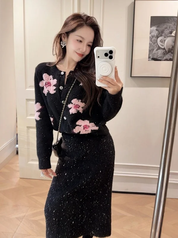 

Sli Floral Knitted Open Cardigan Trendy Women's Sweater Unique Attractively Designed Winter Long Sve round Ne Top