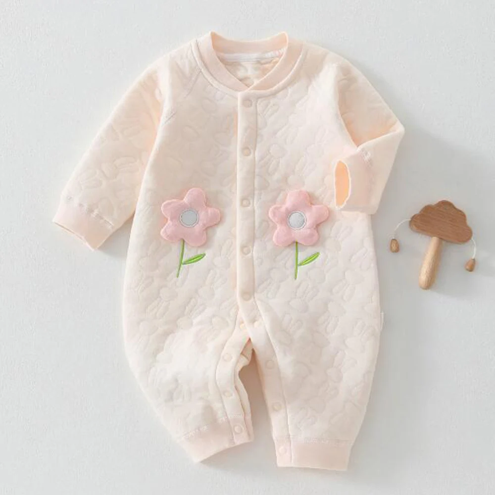 Baby Girls Clothes Quilted Warm Autumn Winter Newborn Baby Romper Long Sleeve Solid Color Flower Cute Infant Jumpsuits
