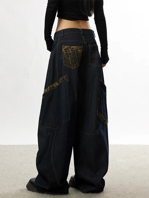 

American Retro Leopard Print Splicing Wide Leg Jeans Women's Street Sle Hot Pants Loose Slimming Floor-Length Pants