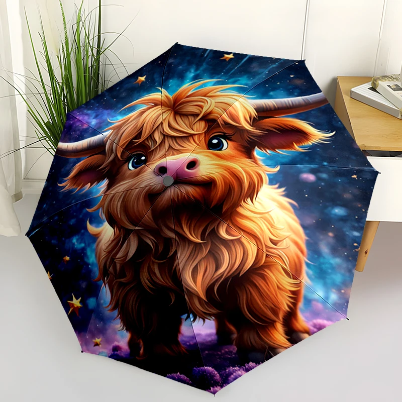 

Cute Highland Cow Folding Umbrella Fashion Auto-Open Design 8 Iron Ribs Plastic Handle Foldable Sunshade Perfect Christmas Gifts