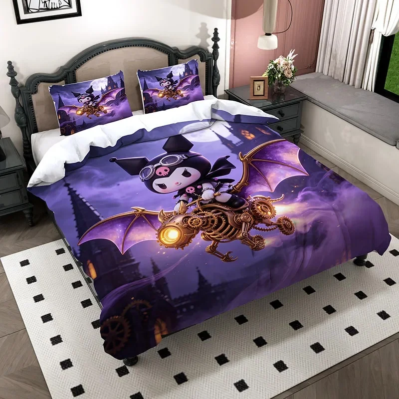 Cute Kuromi Gothic Castle Night Flight Duvet Cover Set, Soft Breathable Bedding, Halloween Christmas Gift For Girls Room